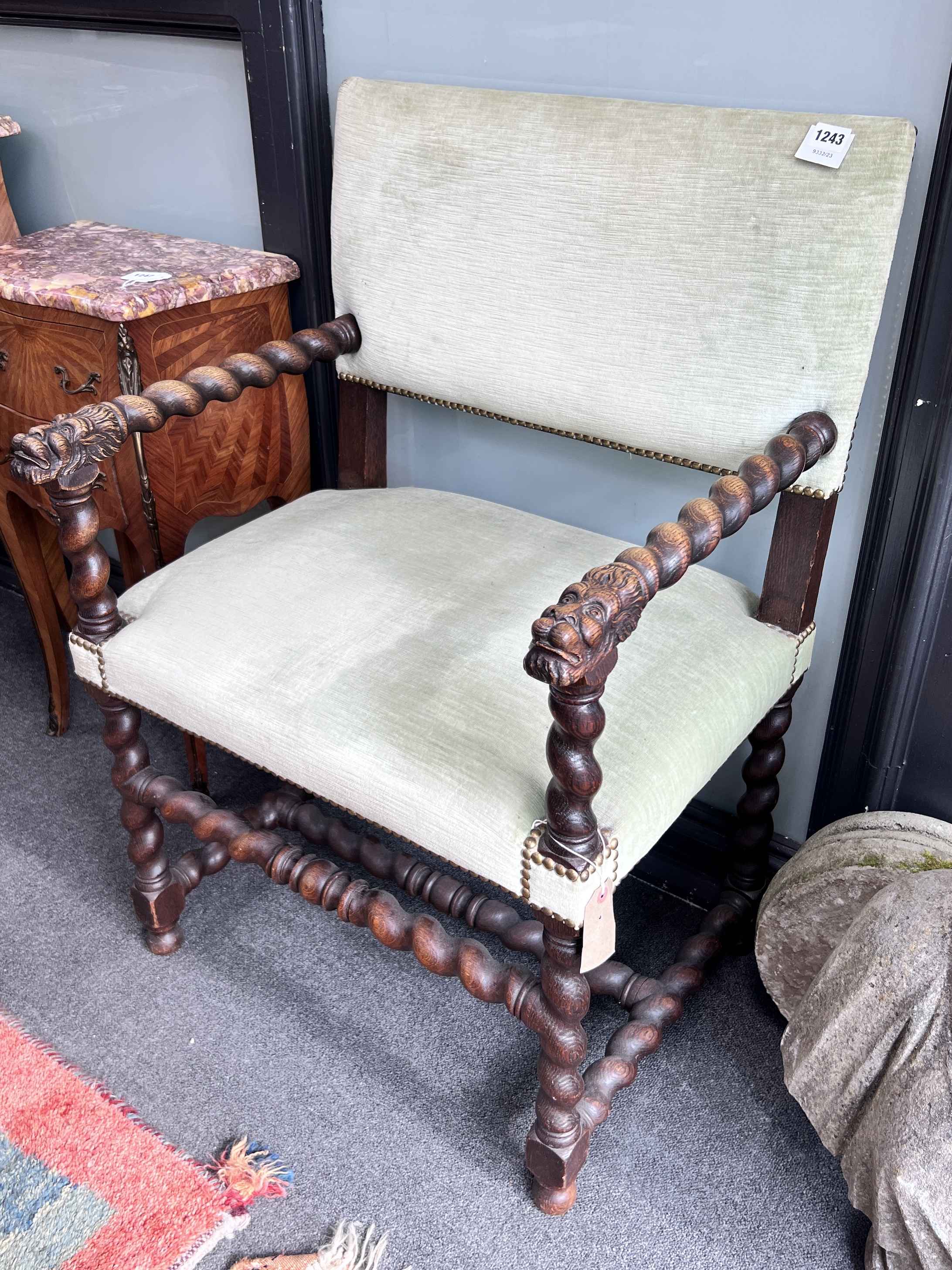 A Flemish oak spiral twist hall chair, circa 1900, width 62cm, height 94cm